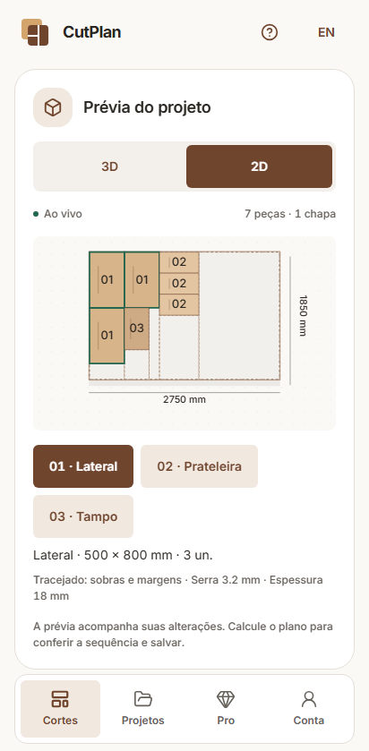 Mapa 2D de corte com sete peças em uma chapa.