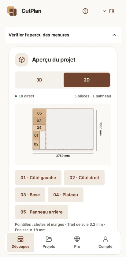 Plan 2D avec cinq pièces sur un panneau.