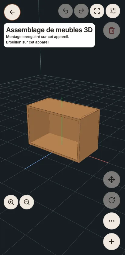 Espace 3D avec une niche assemblée et des commandes de déplacement.